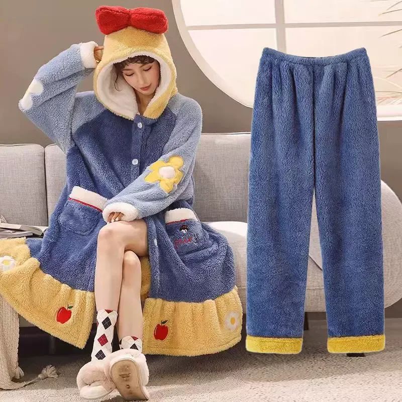 Novo Pijama Branca de Neve da Disney Feminino Outono Inverno Robe de Veludo Coral Engrossado Desenho Animado Fofo Roupa Quente para Casa Camisola Terno Presente