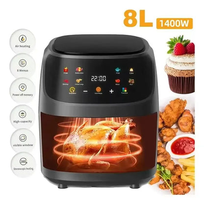 Fritadeira sem Óleo 1400W 8L para Uso Doméstico, Programável, Smart LED Touch, Ciclo Térmico, Forno, Batata Frita, Frango