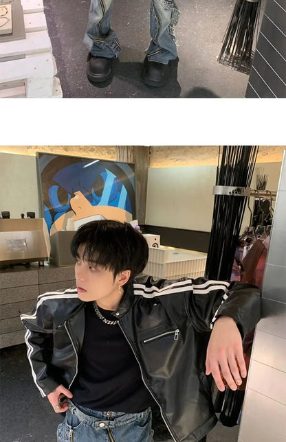 Retro Leather Jacket Men Women  American Patchwork Strip Racing Outerwear Loose Hip Hop Zippers Brown PU Coat Streetwear Spring