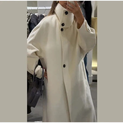 Stand Collar Single Breasted Split Long Coat Women Oversize Elegant Long Sleeve 2025 Autumn Female Outerwear Office Overcoat