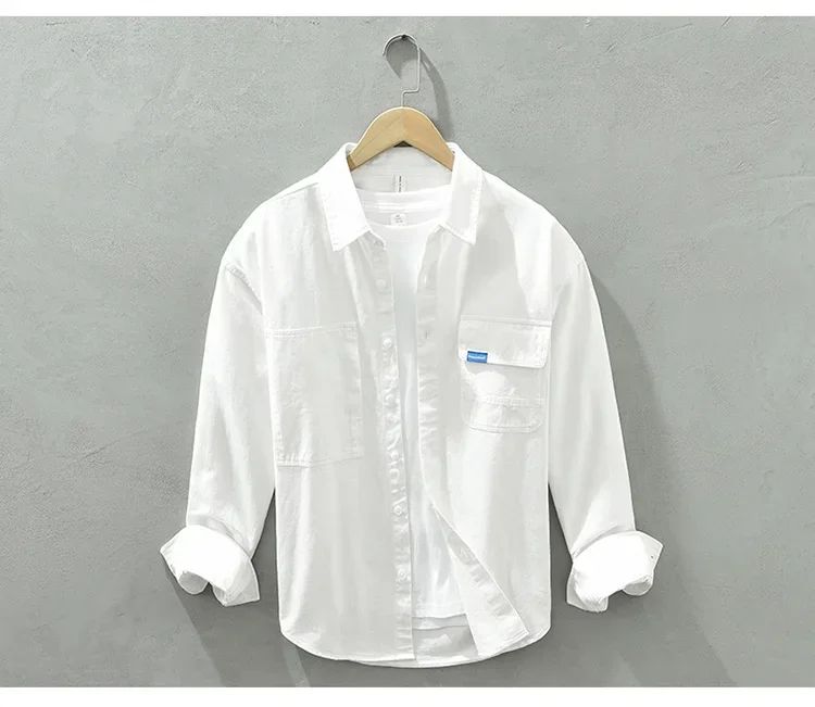 Cargo Shirt Men Spring Autumn Double Pocket Long Sleeve Shirts Male Casual Pure Cotton Orange Shirt Japanese Fashion Loose Shirt