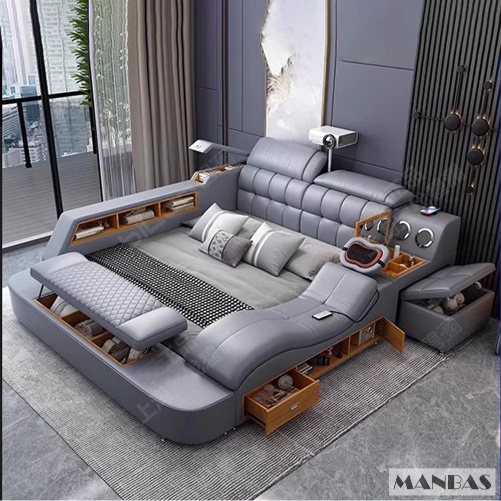 MANBAS Luxury King Size Genuine Leather Bed / Tech Smart Bed / Multifunctional Ultimate Beds / Massage Bed with USB,Projecter