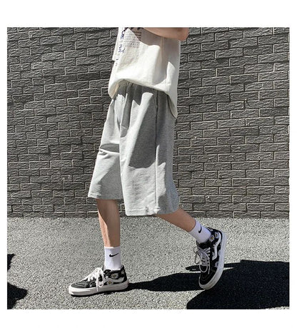 Summer New Y2K Solid Color Cotton Loose Men's Sports Pants Shorts Street Wear Simple Drawstring Straight Casual Shorts Male