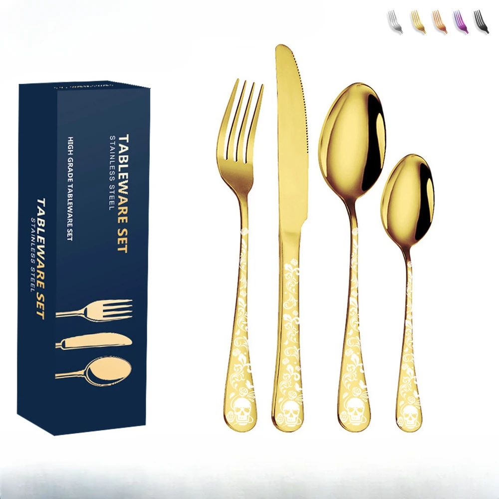 Presentes de Halloween Conjunto de talheres de aço inoxidável com caveira moderno Garfo e colher Conjunto de 4 peças Garfos de cozinha portáteis e