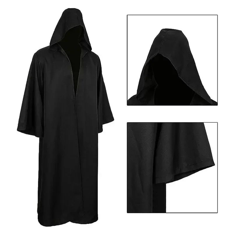 New Halloween Medieval Black Robe Cloak Costume Adult Priest Cosplay Hooded Costume and Scary Spooky Loose Cloak