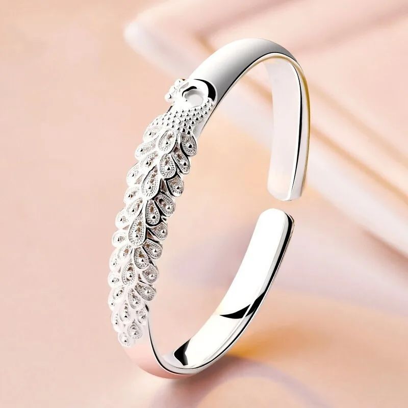 Pulseira Feminina Pavão Vazado de Prata Esterlina 925 Textura de Luxo Aberta Presente de Joias Originais para Festa