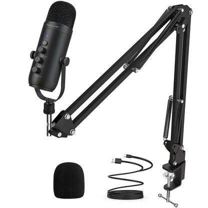 Microfone condensador cardioide profissional Haomuren USB para podcast, streaming, PC, estúdio, kit com braço articulado para gravação no YouTube