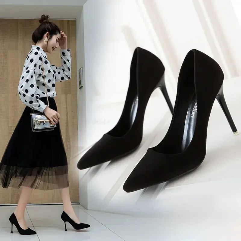 New Fashion women's shoes Sexy black high heels Sharp pointed suede pumps Elegant Shallow Mouth Shoes