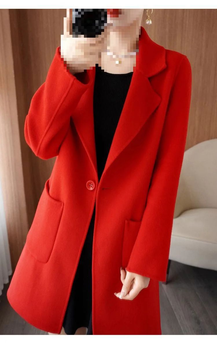 Ladies' Fashionable Woolen Coat Autumn Winter High End Medium Length Leisure Style Woolen Outerwear Pure Color Full Sleeve