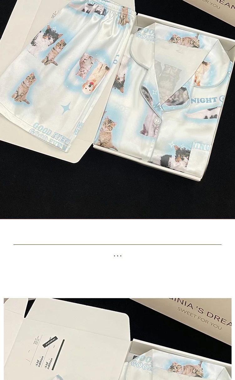 Pyjama Summer New Ladies Sweet Satin Silk Floral Printed Pajamas Set Short Sleeve+Pants Women Ice Silk Cute Homewear Casual Wear