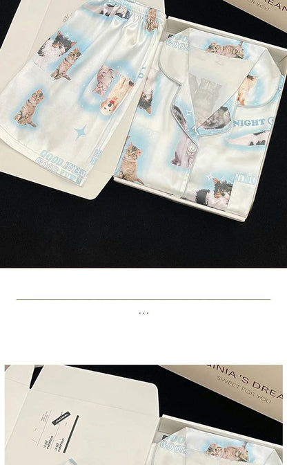 Pyjama Summer New Ladies Sweet Satin Silk Floral Printed Pajamas Set Short Sleeve+Pants Women Ice Silk Cute Homewear Casual Wear