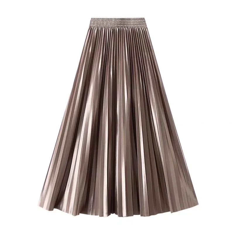 High Waist Satin Pleated Skirt 1 Meter Long Floor Length Pearl Glitter A- Line Umbrella Half Body Skirts Polyester Fiber