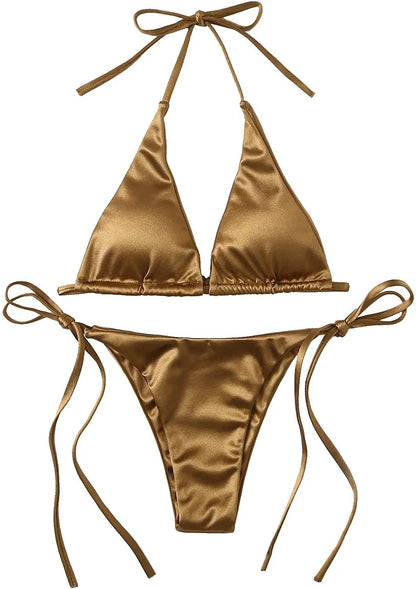 Halter Brazilian Metallic Satin Bikini Women Swimwear Female Swimsuit Two-pieces Bikini Set High Cut Bathing Suit Swim Beachwear
