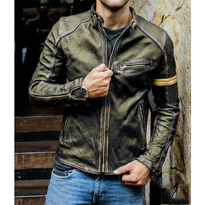 Slim Faux Leather Zipper Cardigan Coat Jacket Vintage Printed Long Sleeve Men Stand Collar Autumn Winter New Motorcycle Jacket