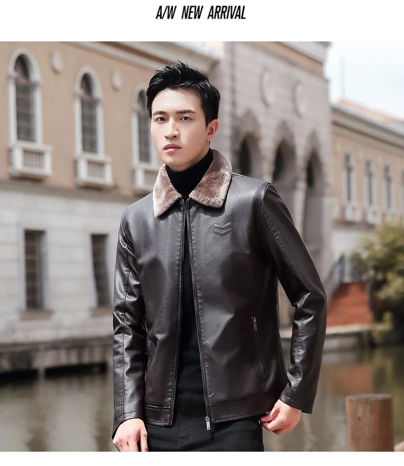 Trend Korean Slim Fit Casual Men's Leather Jacket Leather Jacket Busines Men's Fur Collar High Quality Fashion Motorcycle Jacket
