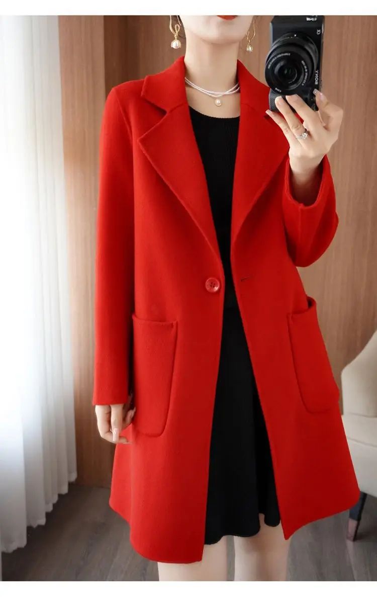 Ladies' Fashionable Woolen Coat Autumn Winter High End Medium Length Leisure Style Woolen Outerwear Pure Color Full Sleeve