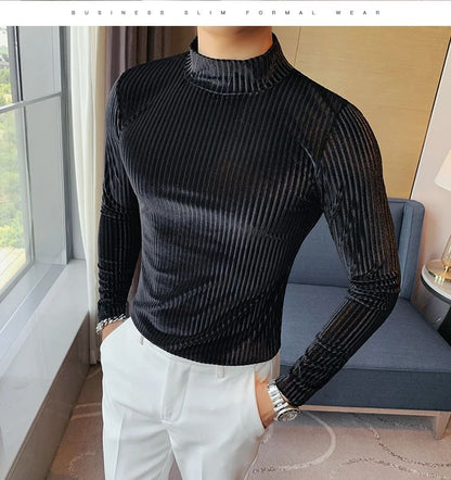 New Gold Velvet T Shirt Men Clothing Fashion Trend Male Luxury Prom Party Long-sleeved Striped Pullover Tops Homme