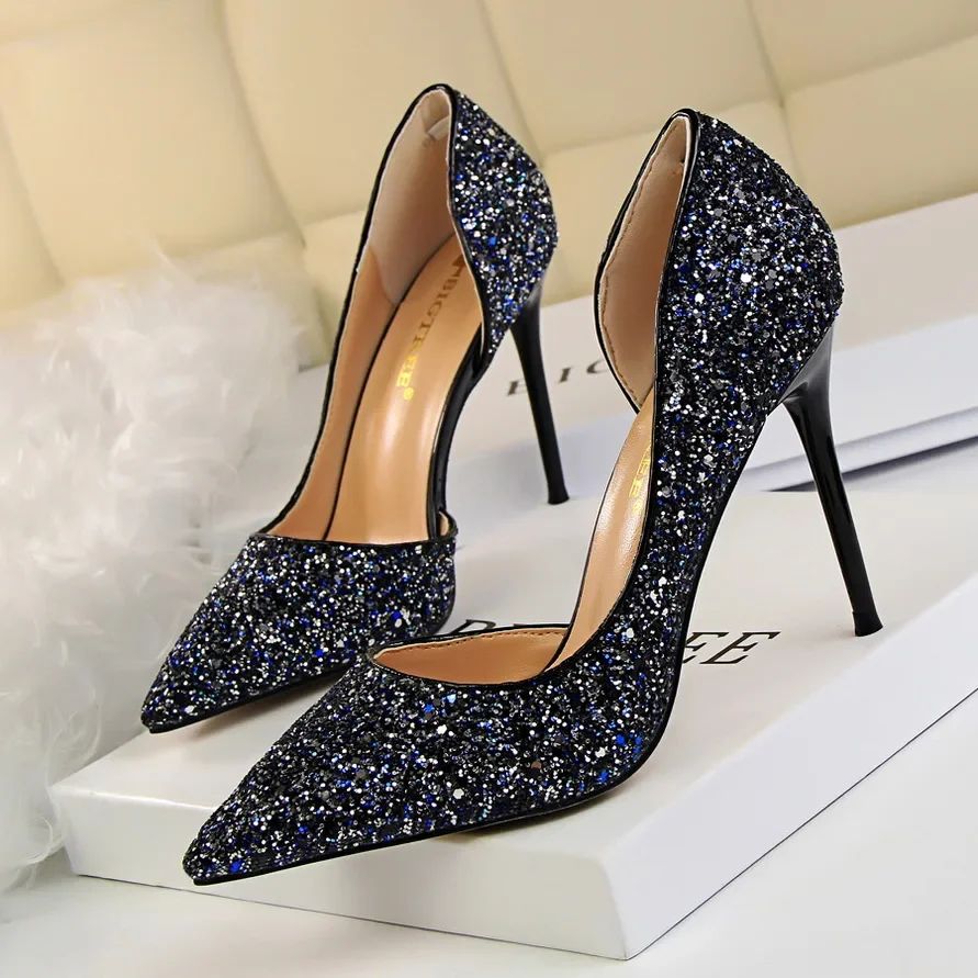 Plus Size 34-43 Women 9.5cm High Heels Stripper  Bling Glod Red Silver Scarpins Pumps Lady Stiletto Wedding Bridal Fetish Shoes
