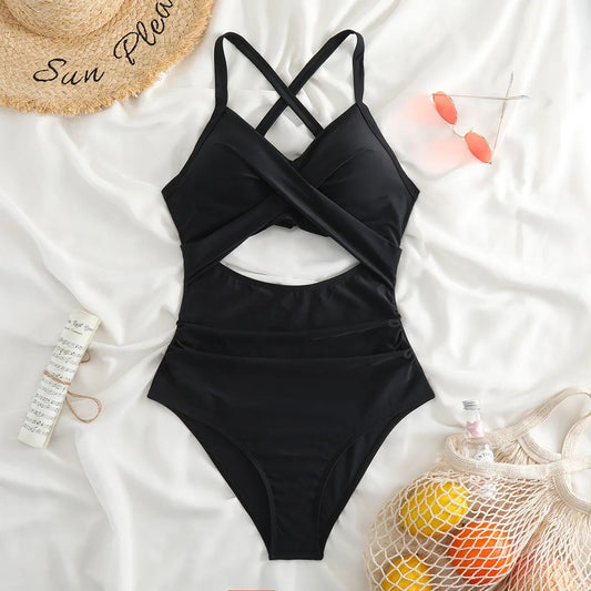 Sexy Hollow Cross Sling Swimwear Color Matching Backless Swimsuit One Piece Bikini Fashion Bathing Suits Swimming Suit For Women
