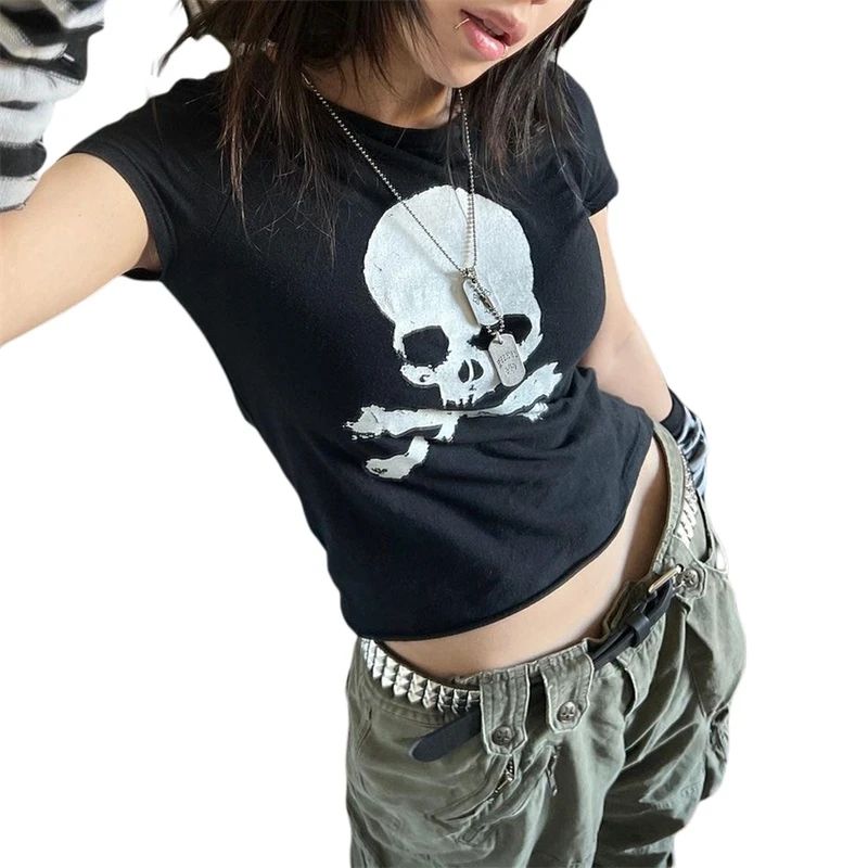 Vintage Grunge Graphic Print Short Sleeve T-Shirt Y2k Slim Crop Top Gothic Skull Punk Streetwear Women's Tee Summer Casual 90s