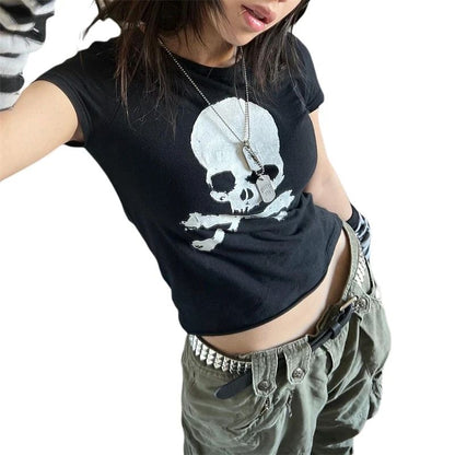 Vintage Grunge Graphic Print Short Sleeve T-Shirt Y2k Slim Crop Top Gothic Skull Punk Streetwear Women's Tee Summer Casual 90s