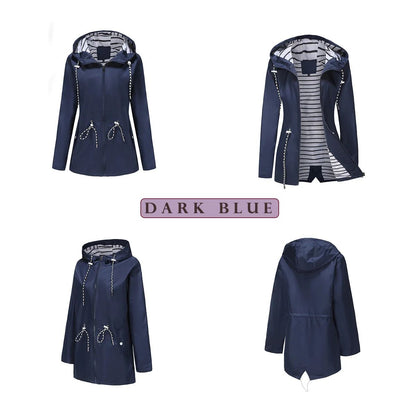 Blue Waterproof Hooded Jacket Women Fashion Casual Coat Waist Drawstring Tie Zipper Switch Red Green Yellow Black Windbreaker