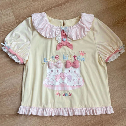 Y2K JK Lolita Japan Kawaii Girl Cute Sweet Lace T-shirt Lolita Print Tops Bow Cake Blouse  A-line Spliced Cake Skirt New Chic