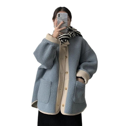 2024 Winter New Women's Lamb Wool Jacket Petite Loose-Fit Thickened Integrated Deer Skin Fleece Medium-Length Korean Style