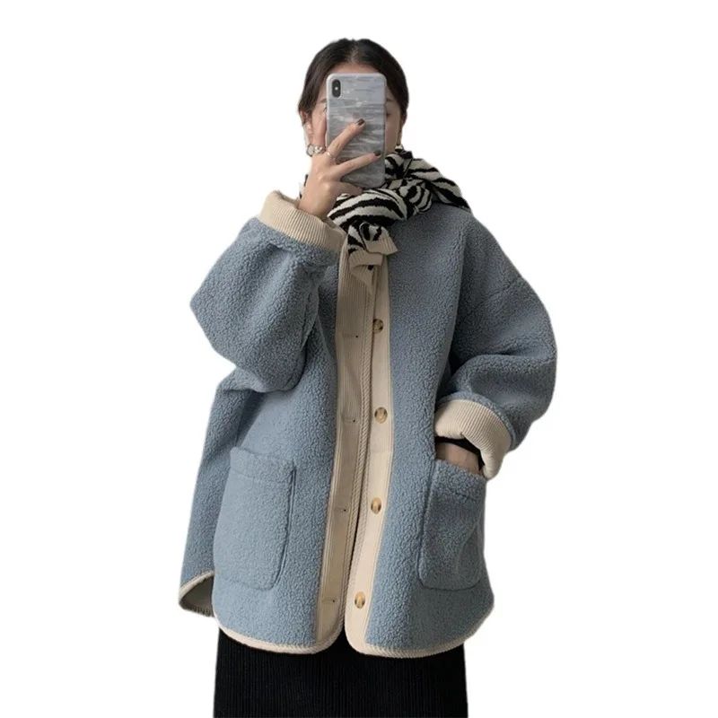 2024 Winter New Women's Lamb Wool Jacket Petite Loose-Fit Thickened Integrated Deer Skin Fleece Medium-Length Korean Style