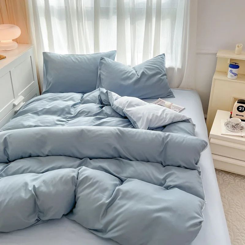 Conjunto de cama de cor sólida de quatro peças para crianças e adultos, cama de casal grande, conjunto de capa de edredom, lençol e capa de travesseiro de quatro peças