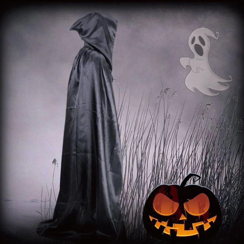Halloween Cloak Soft Unisex Hooded Black Robe Witch Long Cape Cosplay Costume Prop Party Performance Supplies Holiday Decoration