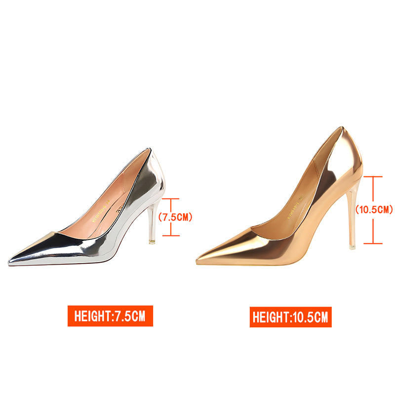 Women Mteallic Bronze Leather Pumps 7.5cm 10.5cm High Heels Lady Stiletto Middle Heels Wedding Bridal Gold Silver Event Shoes