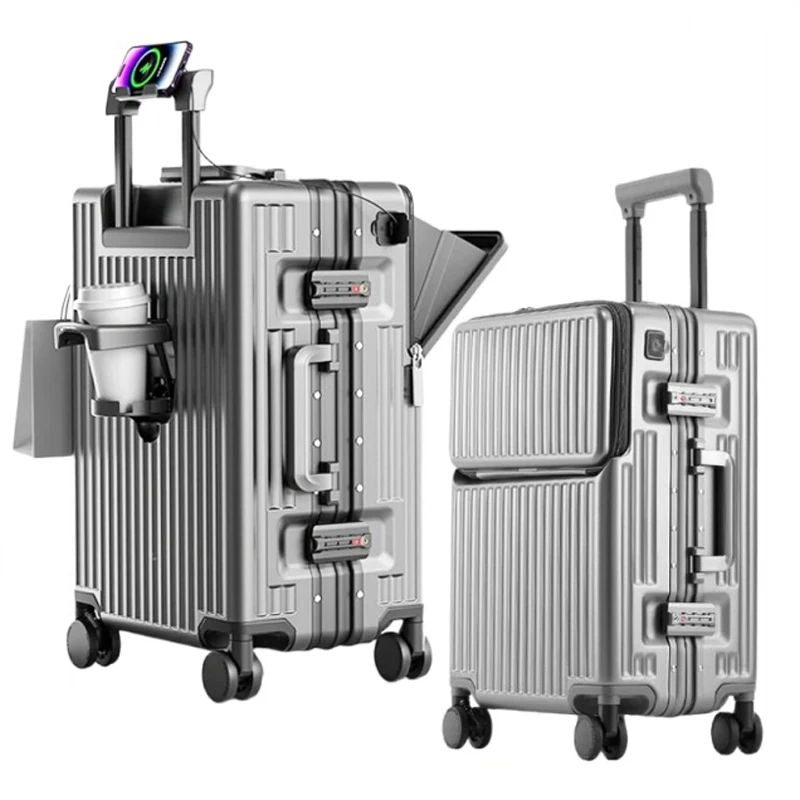 Aluminium Frame Suitcase Front Opening Cabin Luggage with USB Cup Holder Female Trolley Case Male Brake Wheel Travel Suitcase
