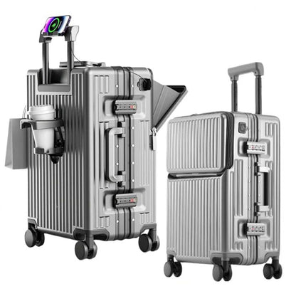 Aluminium Frame Suitcase Front Opening Cabin Luggage with USB Cup Holder Female Trolley Case Male Brake Wheel Travel Suitcase