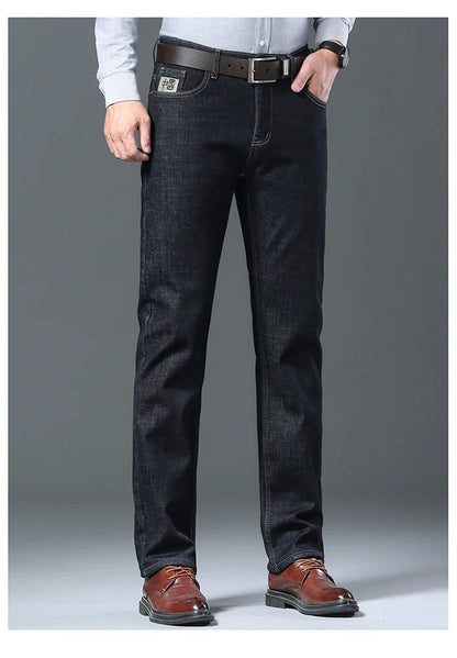 Men's Wool Velvet Jeans Winter Fleece Thickened Business Casual Straight Denim Pants Soft Cozy Thermal Stretch Trousers Male