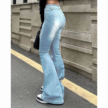 2025 Girls Concise Ins High Waist Flared Jeans Female Stretchy Bootcut Denim Pants Women Solid Color Thin Bell Bottoms Trousers