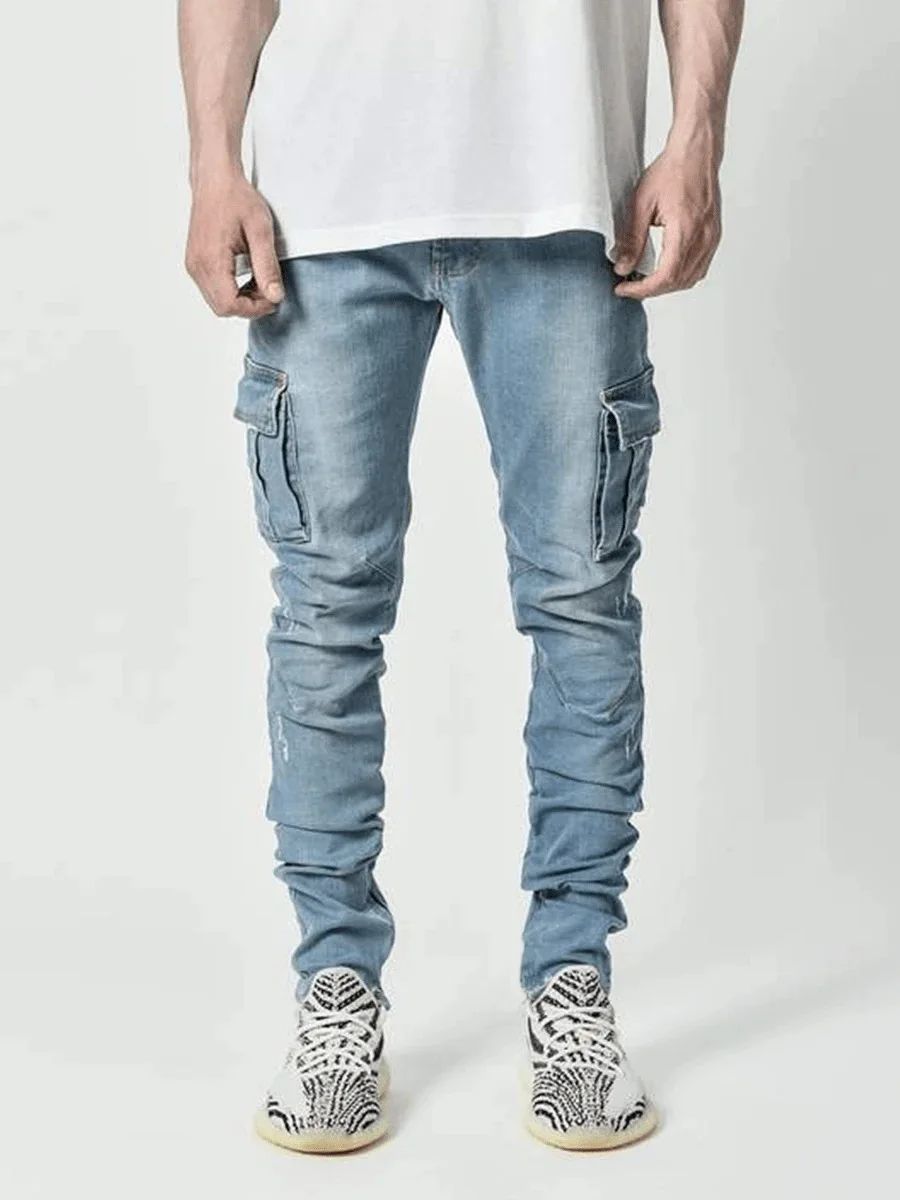 Calça Jeans Masculina Cargo Elástica Slim Fit Masculina Calça Jeans Cor Sólida Multi Bolsos Casual Skinny Calças Masculinas Roupa Masculina