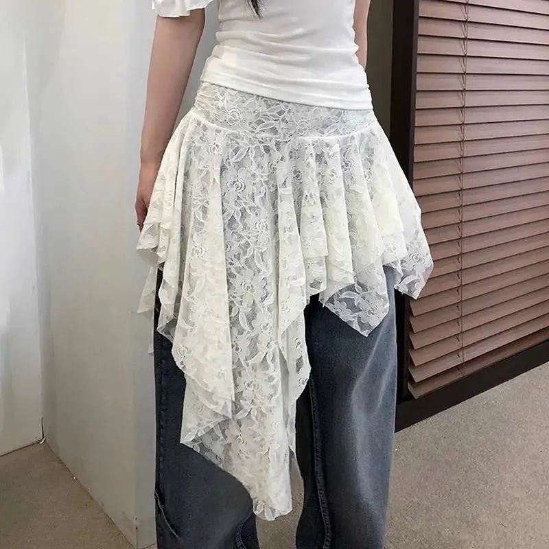French Style Layered Lace Midi Skirt with Asymmetric Hem White Elegant Semi Formal Women Skirt Unique Design