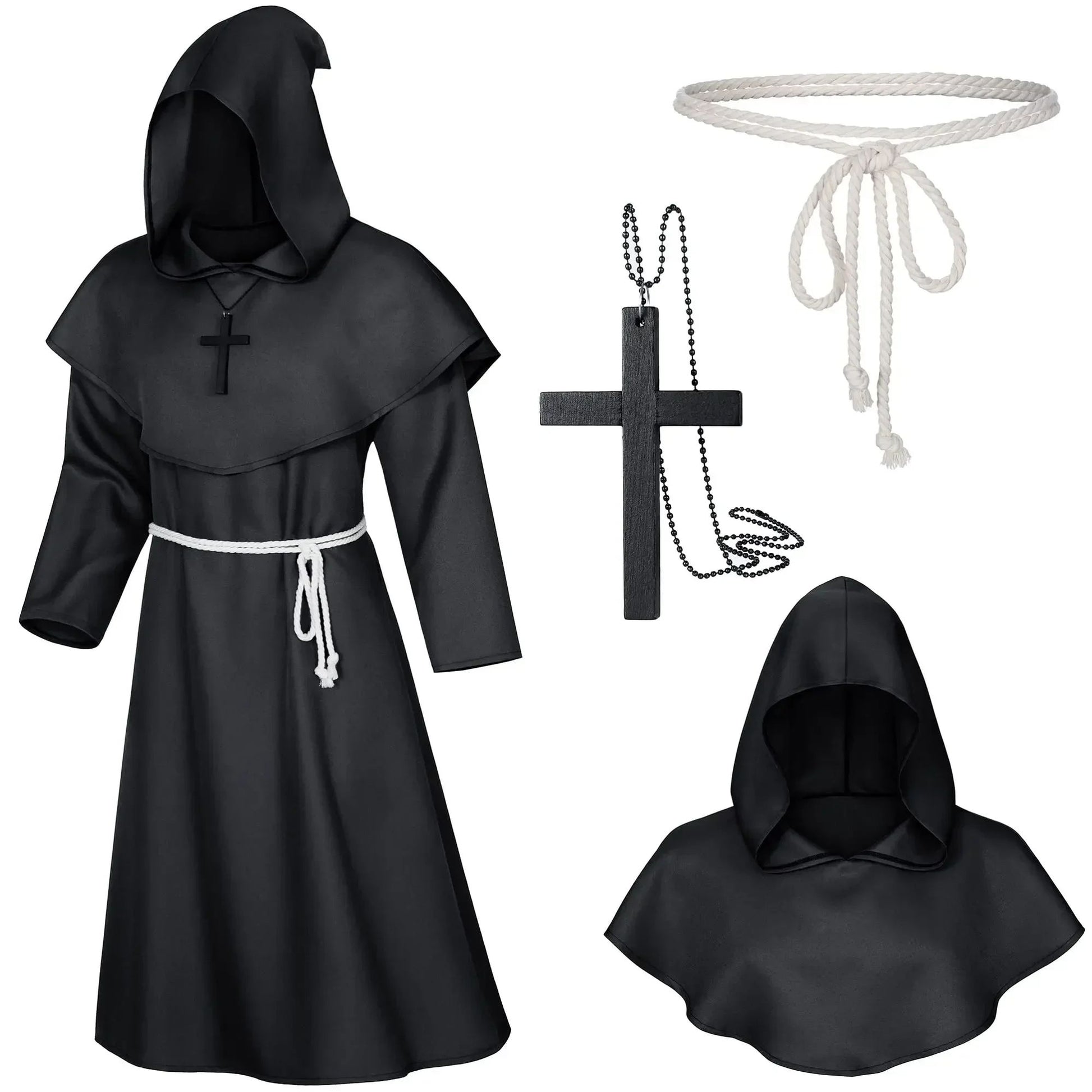 Retro Priest Robe Halloween Cosplay Costume Wizard Fancy Punk Cloak Mask Medieval Monk Robe Hooded Monk Cowl