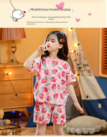 Summer Strawberry Sleepwear For Baby Kids Short Sleeve Pijamas Infantil 100% Cotton Kids Pajamas Set Boys Girls Clothes 6 8 10 Y