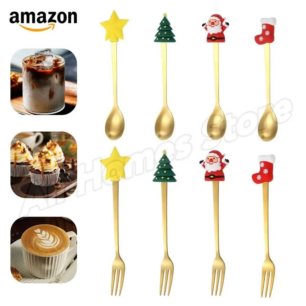 Christmas Cutlery Set Elk Dessert Scoop Fruit Fork Coffee Spoon Stainless Steel Dessert Fork 4/6PCS Christmas Spoons Fork Set