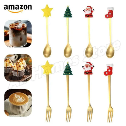 Christmas Cutlery Set Elk Dessert Scoop Fruit Fork Coffee Spoon Stainless Steel Dessert Fork 4/6PCS Christmas Spoons Fork Set