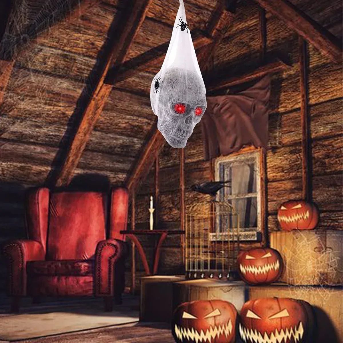 Decoração de Dia das Bruxas com Aranha Que Brilha e Controla o Som, Crânio de Algodão, Propriedade Assustadora, Casa Assombrada, Sala Secreta, Decoração de Pátio