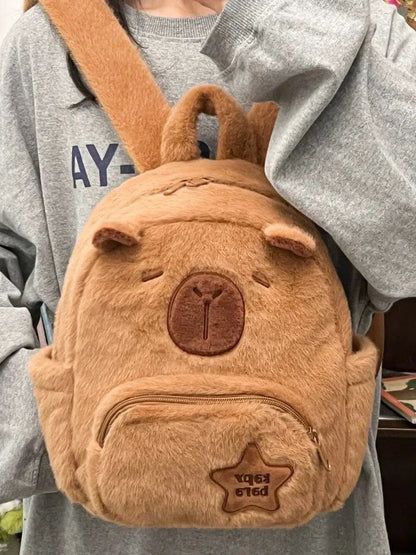 Mochila de Pelúcia Capivara Capibala para Estudantes, Mochila Casual de Pelo, Bolsa Escolar de Grande Capacidade