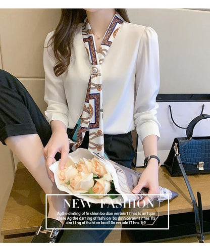 FANAN Elegant Fashion Office Lady Bow Solid Chiffon Shirts Women Clothing New Long Sleeve V-Neck Pullover Top Blouses Female2025