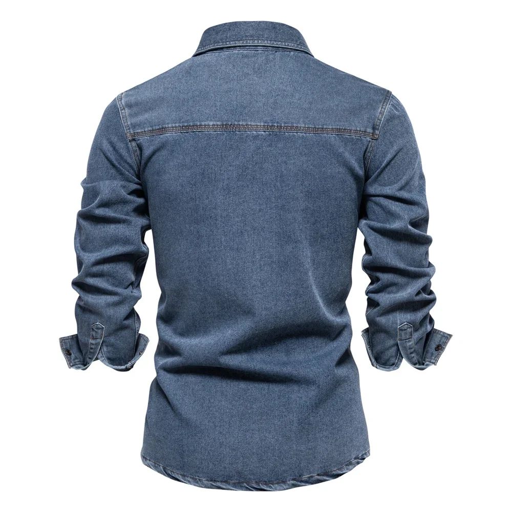 New Autumn 100% Cotton Men's Denim Shirts Solid Color Long Sleeve Cowboy Jean T-Shirt Coat Fashion Casual Fit Shirts for Men