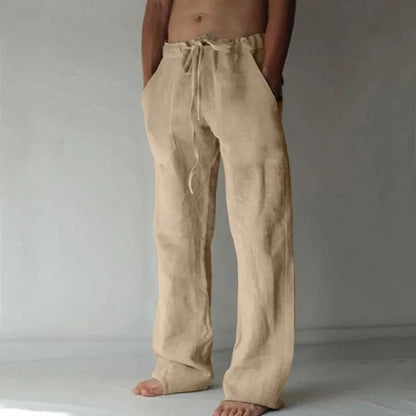 Men's Linen Casual Pants Elastic Waist Beach Pants Lightweight Drawstring Summer Yoga Pants Solid Color Beach Pants