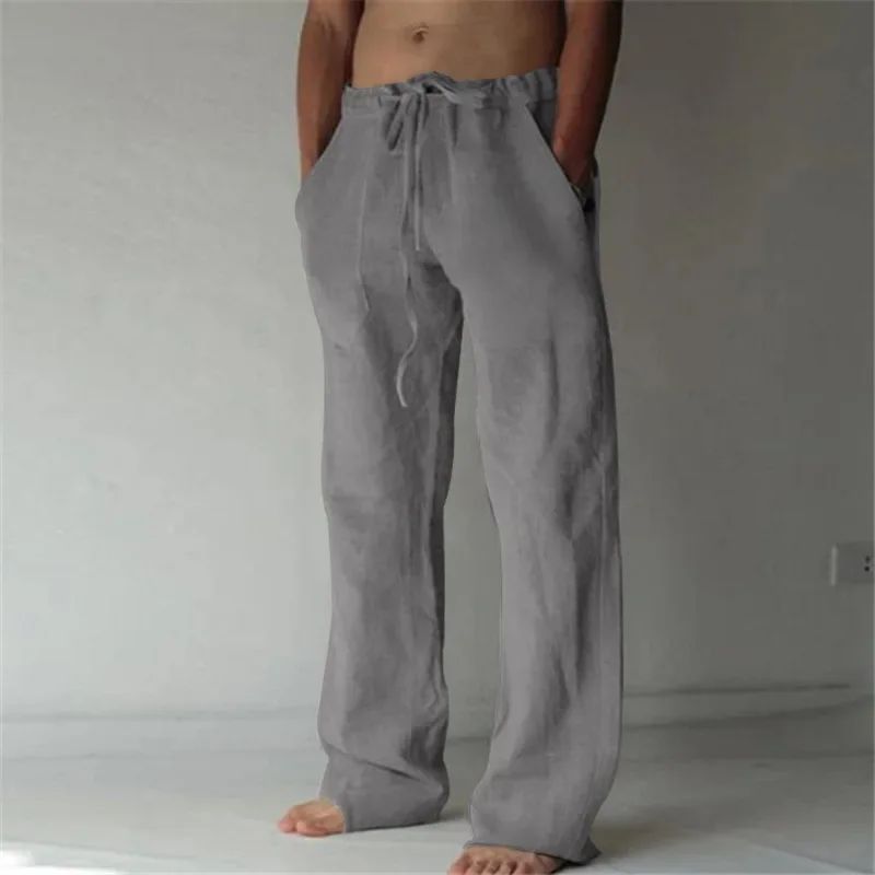 Men's Linen Casual Pants Elastic Waist Beach Pants Lightweight Drawstring Summer Yoga Pants Solid Color Beach Pants
