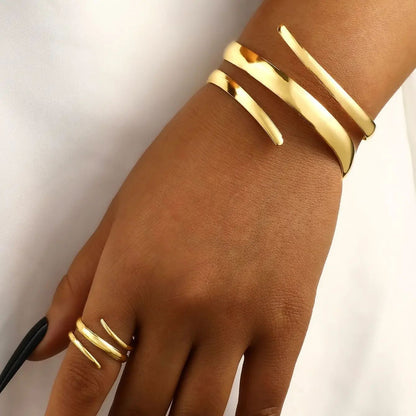 Conjunto de Anel e Bracelete de Aço Inoxidável com Gota de Água para Mulheres Luxuoso Geométrico Gota Aberta Punho Torcido Irregular Joias