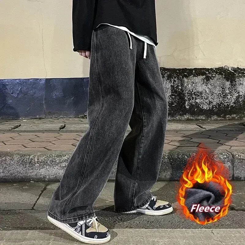 Calças jeans largas de inverno com forro polar, Calças largas retas de veludo, quentes e confortáveis, com elástico na cintura e pernas largas, marca de roupas masculinas
